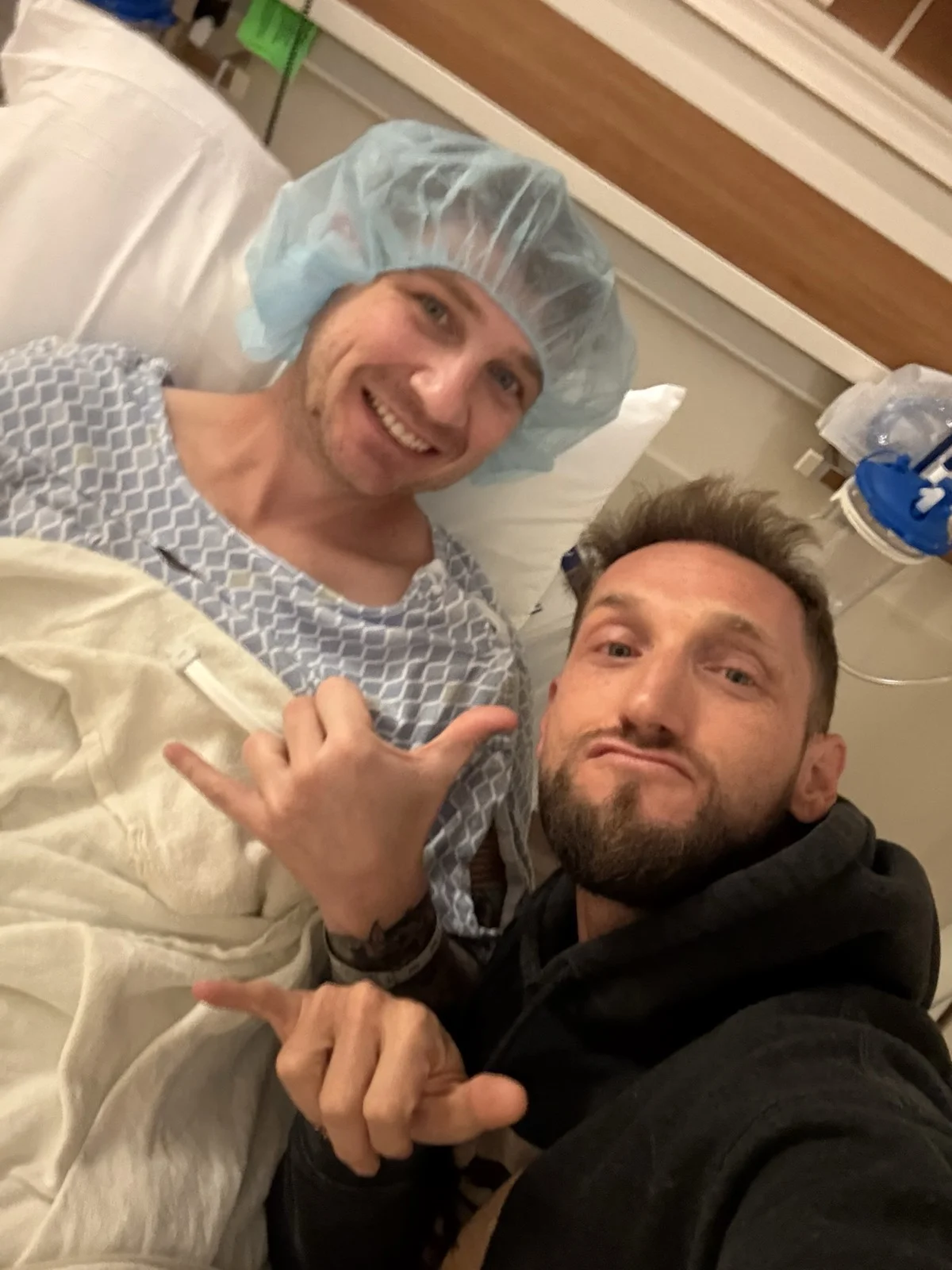 My brother and me, right before he went in. 12 hours of brain surgery ahead of us, shakas up anyway. | Sober family, accountability in recovery, Zac Spowart, Nomadic Addictt My brother and me, right before he went in. 12 hours of brain surgery ahead of us, shakas up anyway. | Sober family, accountability in recovery, Zac Spowart, Nomadic Addictt