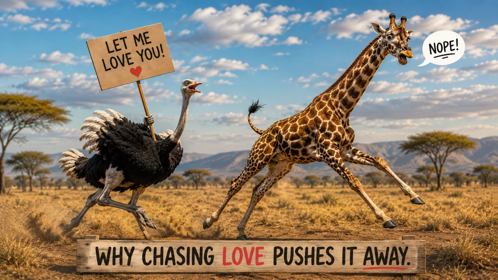 A playful take on why chasing love pushes it away. | An ostrich holding a "Let me love you" sign chasing a giraffe who says "Nope," a humorous illustration of how pursuing love can push it away. Curated by Zac Spowart, Love Unlocked. A playful take on why chasing love pushes it away. | An ostrich holding a "Let me love you" sign chasing a giraffe who says "Nope," a humorous illustration of how pursuing love can push it away. Curated by Zac Spowart, Love Unlocked.